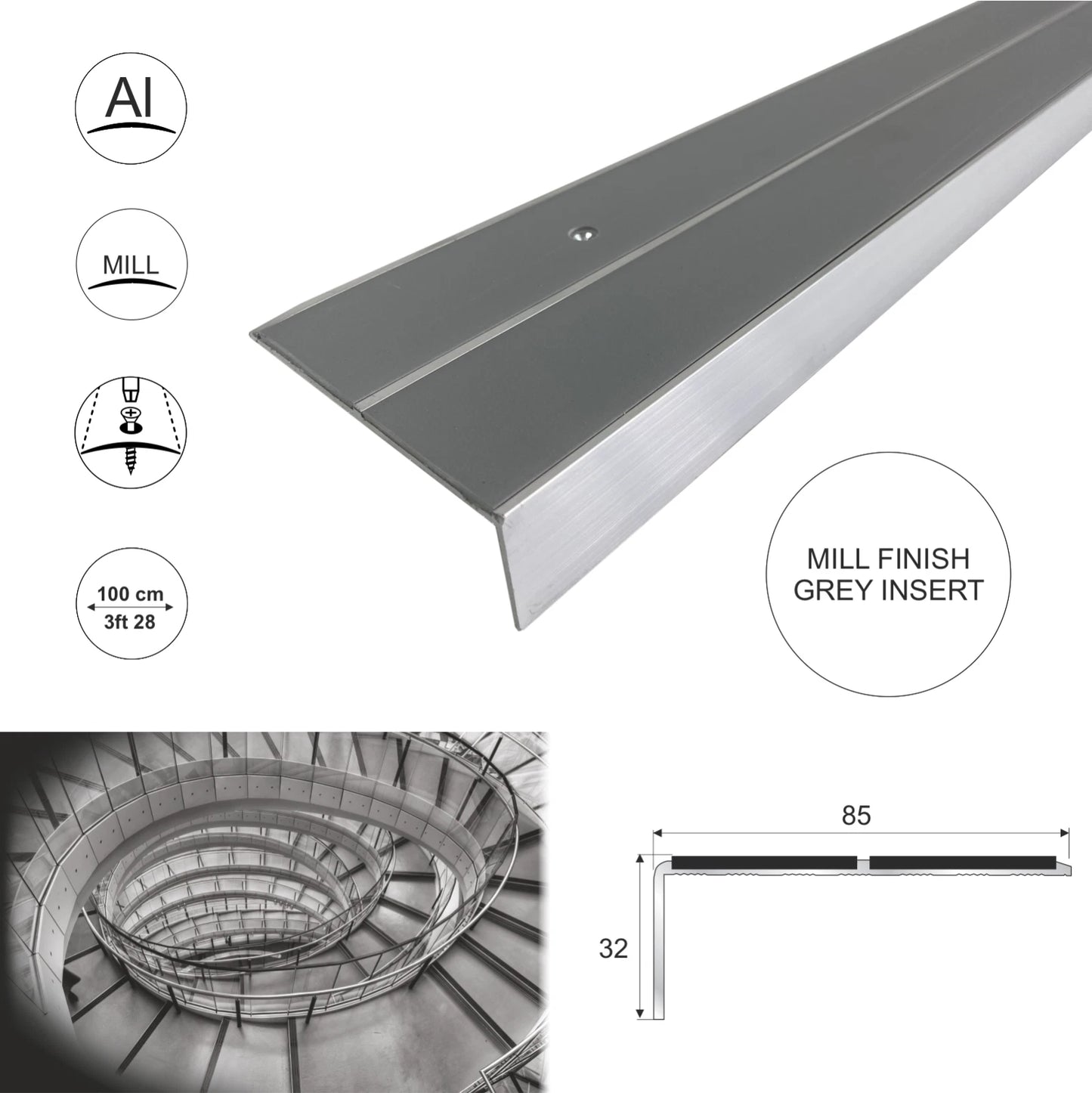 Aluminium Anti Slip Stair Nosing Step Nosing Edge Trim Profile 85x 32mm