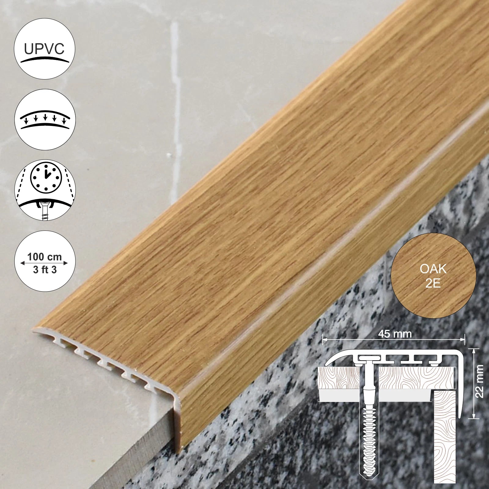 UPVC WOOD EFFECT STAIR EDGE NOSING -TRIM- EDGING NOSING 45 x 22mm