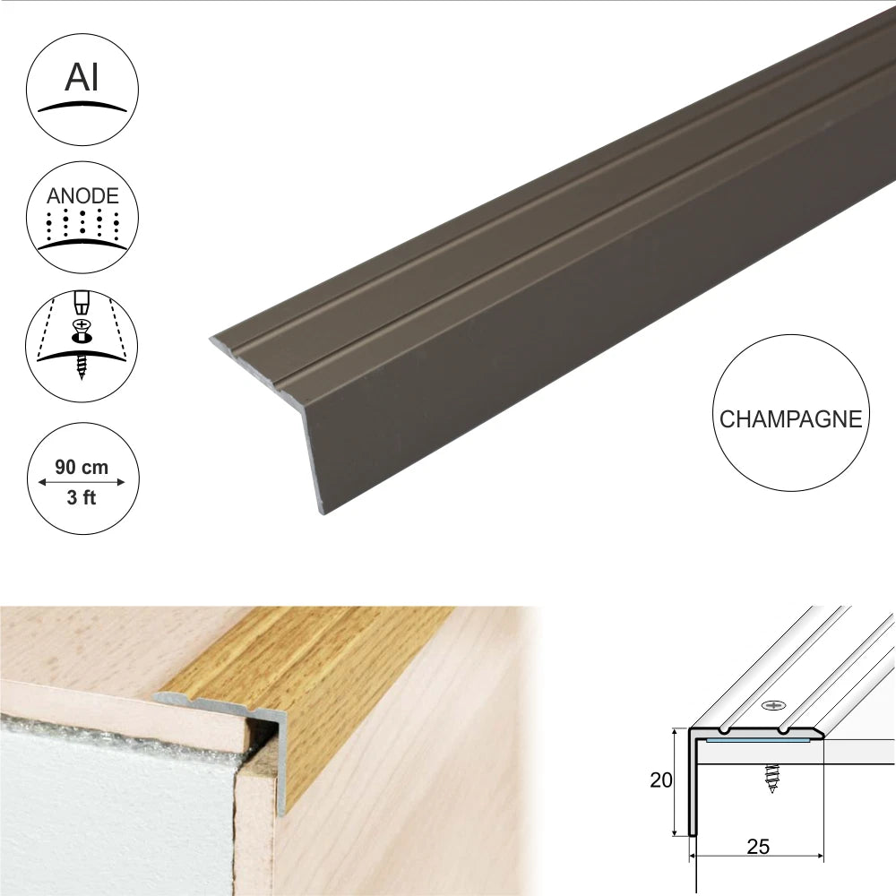 ALUMINIUM STAIR NOSINGS STEP EDGE NOSING FOR LAMINATE, WOOD,CARPET 25x20mm A36