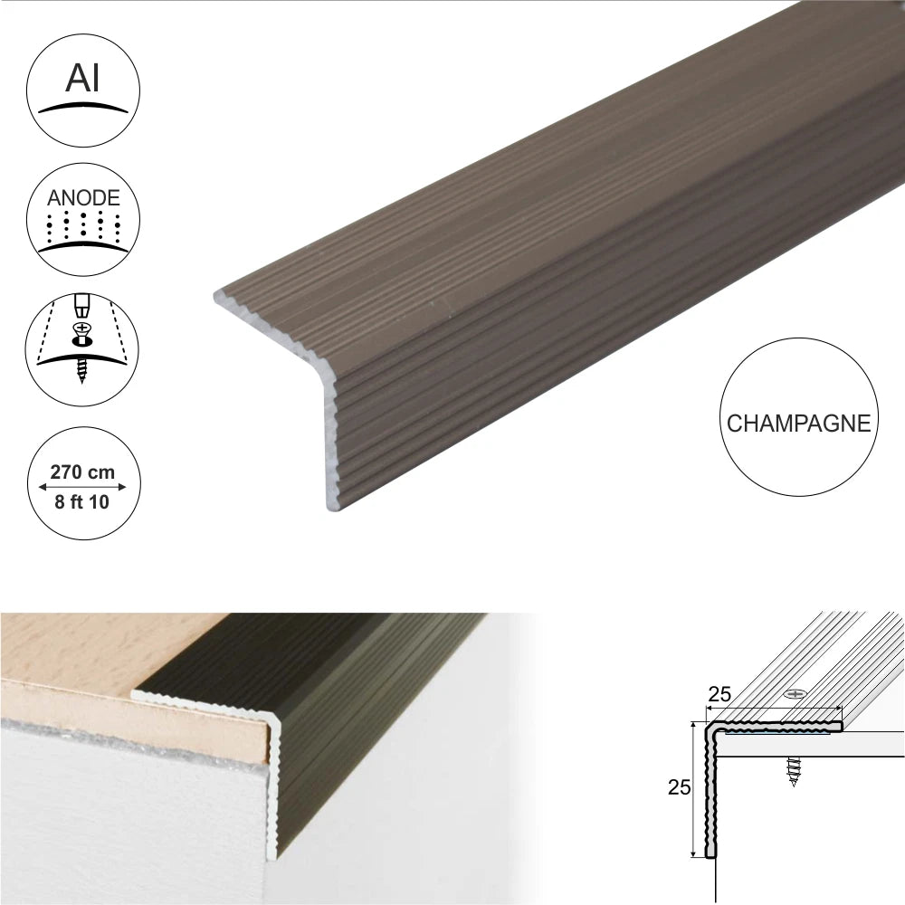 2.7m ANODISED ALUMINIUM ANTI NON SLIP STAIR EDGE NOSING -TRIM- 25x 25mm