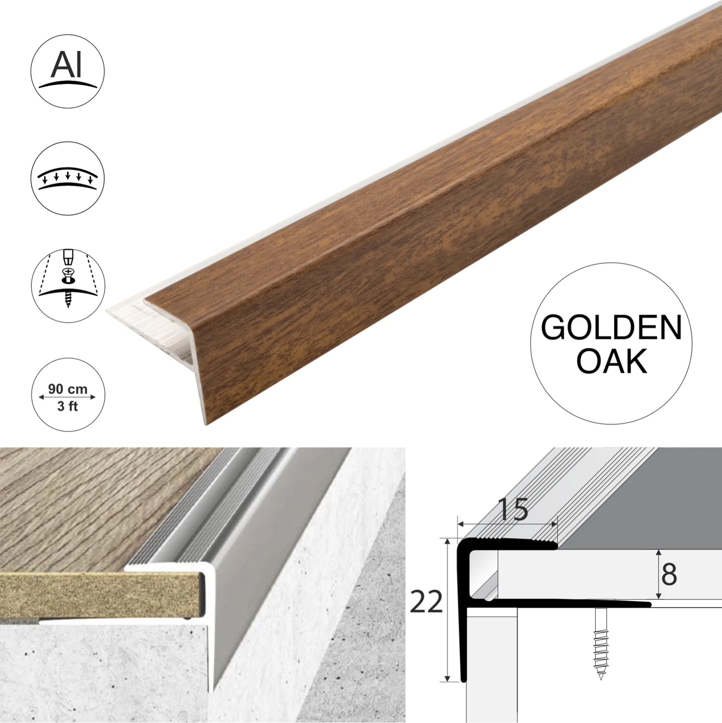 Aluminium Stair Nosing Wood Effect Edge Trim Step Edging Strip For Laminate A60