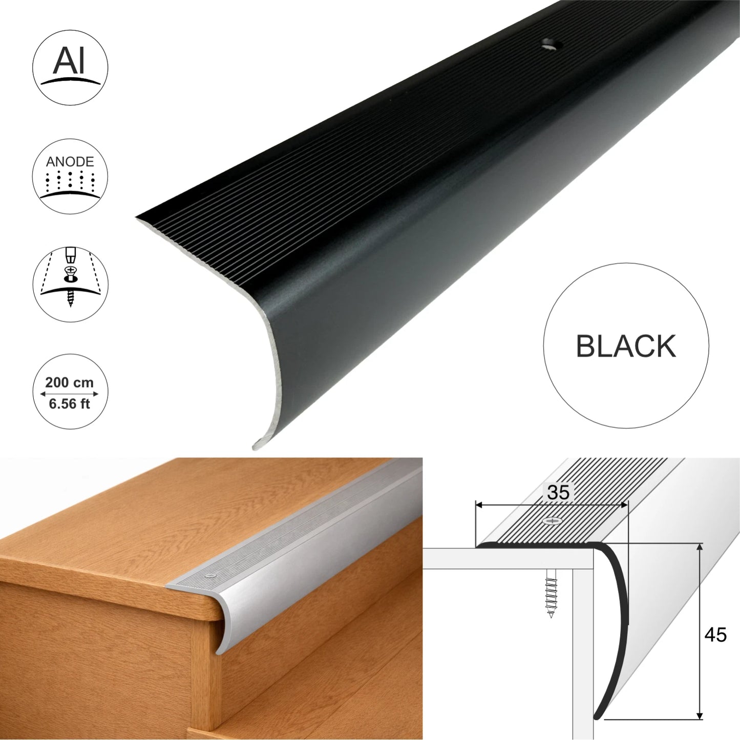 Aluminium Stair Nosing Bullnose Edge Trim Step Edging Anti Slip H28 2m long