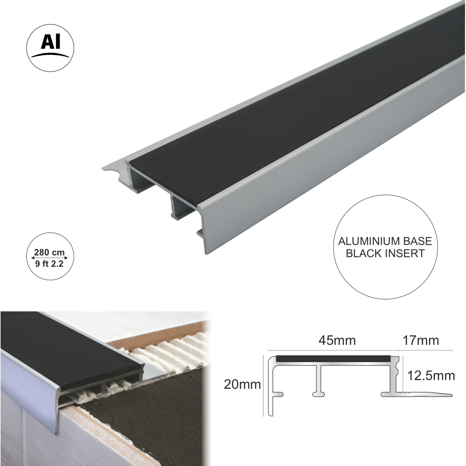 Anti Slip Aluminium Stair Nosing Tile-In Step Edge Trim Edging Profile 2.8m
