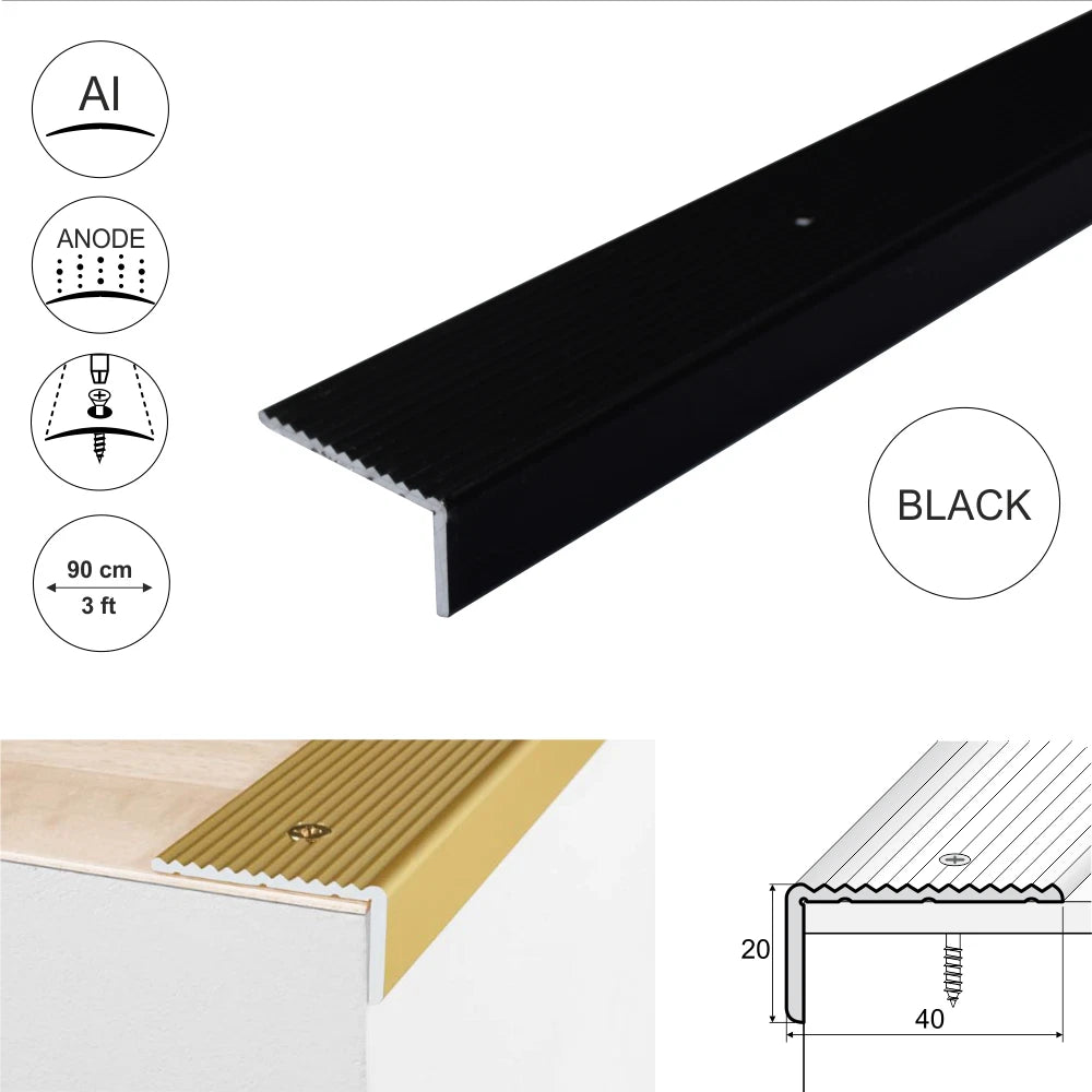 ALUMINIUM ANTI NON SLIP STAIR EDGE NOSING - STEP EDGING TRIM- 40 x 20mm A33