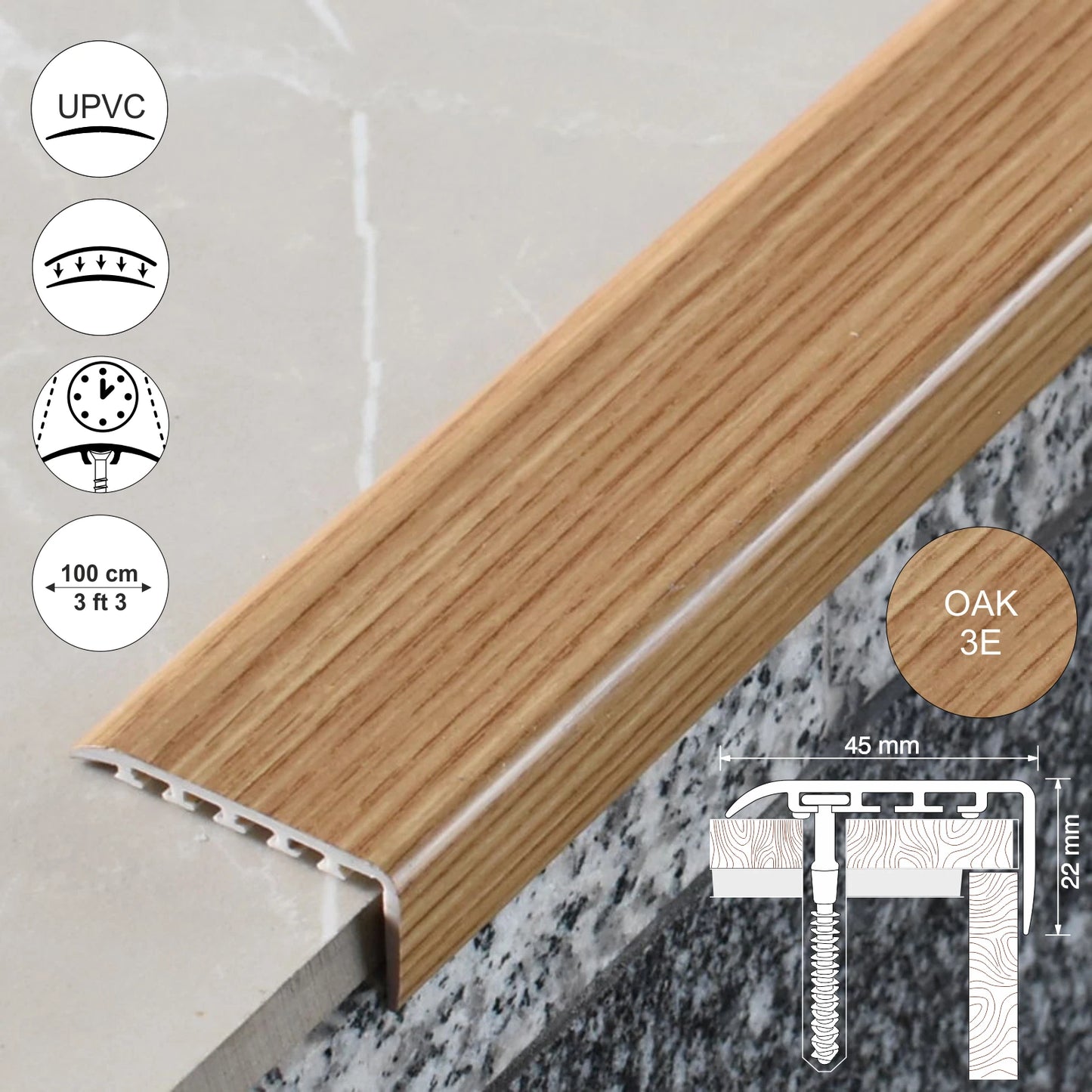 UPVC WOOD EFFECT STAIR EDGE NOSING -TRIM- EDGING NOSING 45 x 22mm