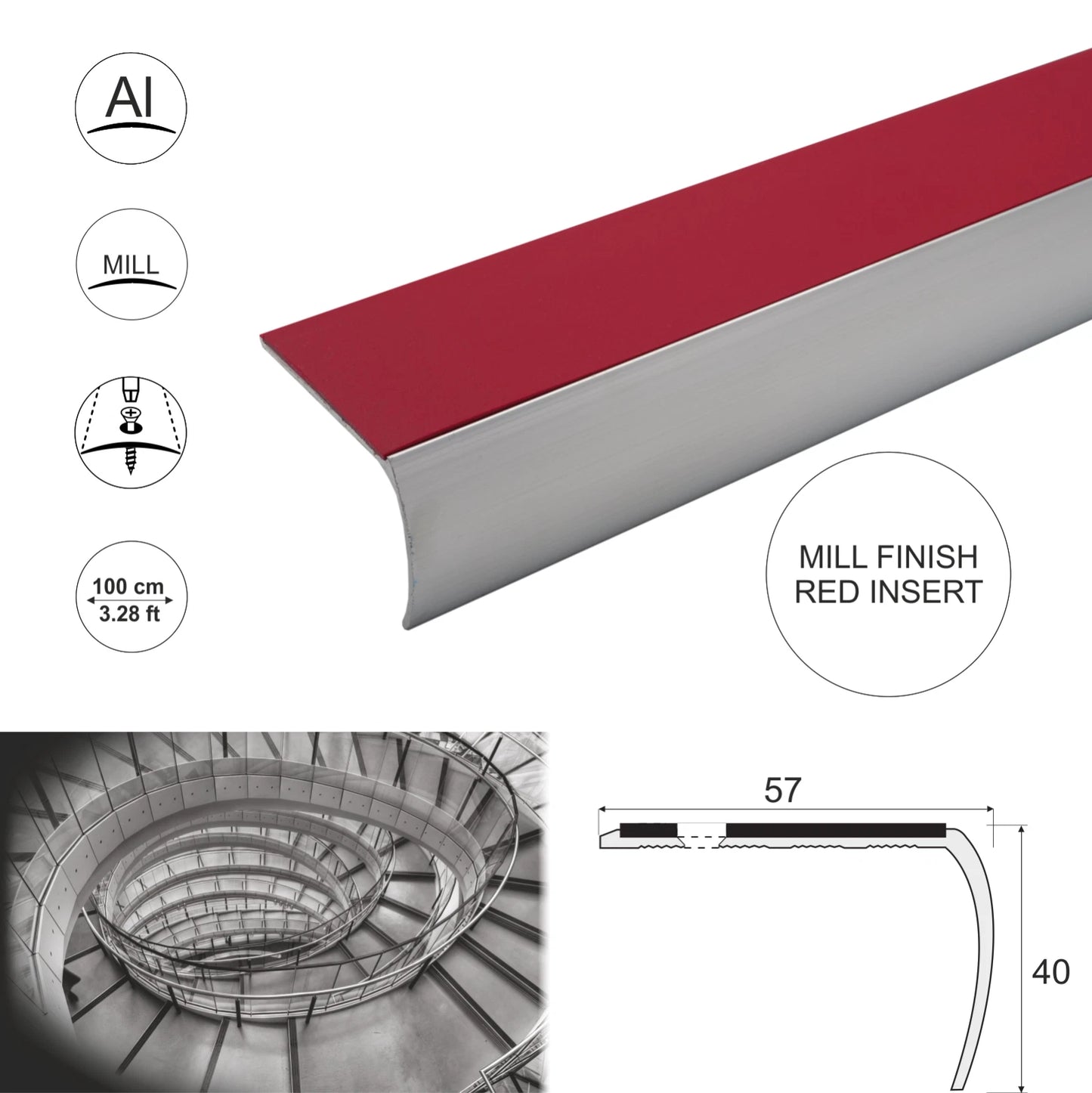 Aluminium Anti Slip Bullnose Stair Nosing Trim Heavy Duty Step Edging Profile