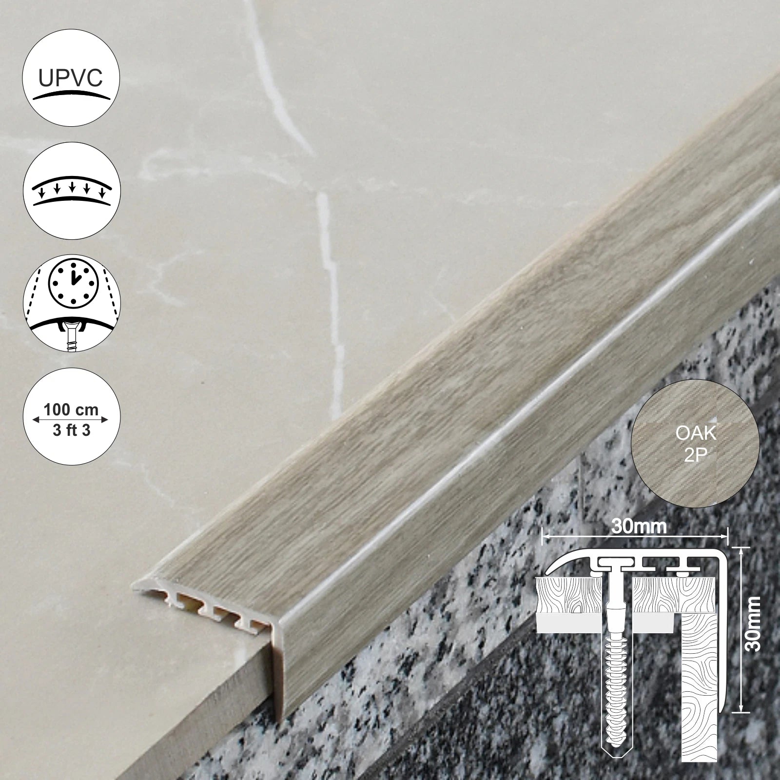 UPVC WOOD EFFECT STAIR EDGE NOSING -TRIM- EDGING NOSING 30 x 30mm