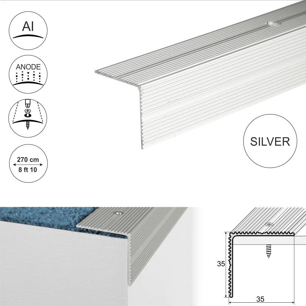 2.7m ALUMINIUM ANTI NON SLIP STAIR EDGE NOSING -EDGING TRIM- 35 x 35mm