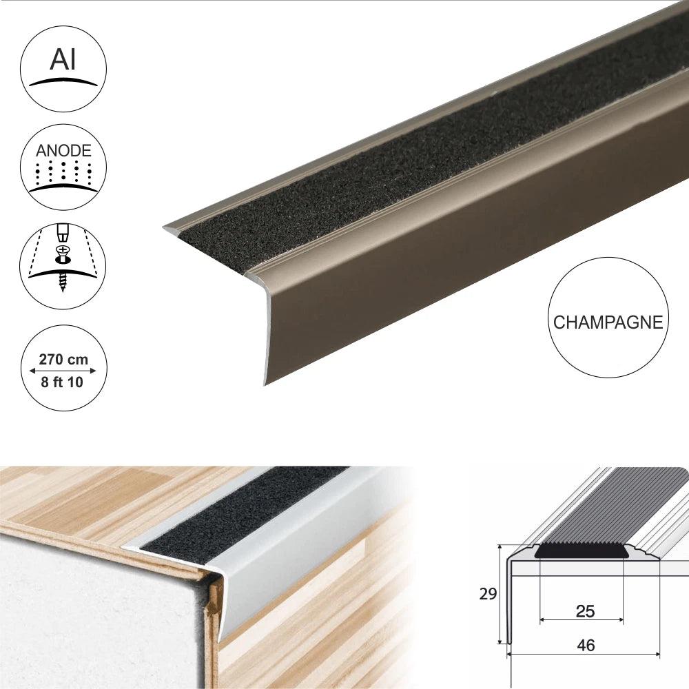 2.7m ALUMINIUM ANTI NON SLIP STAIR EDGE NOSING EDGING STEP TRIM- 41x 26.6mm A44