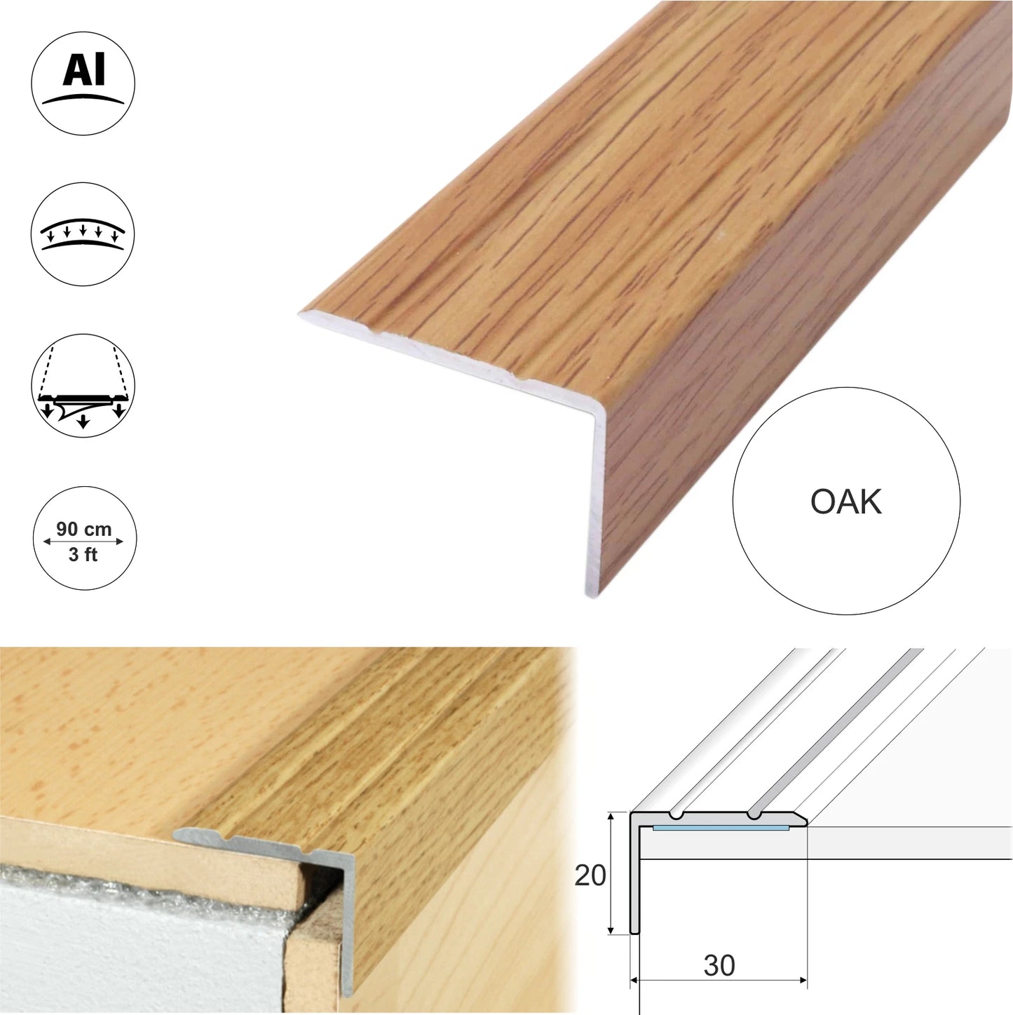 ALUMINIUM STAIR NOSING EDGE TRIM STEP EDGING NOSINGS FOR CARPET WOOD 30x20mm