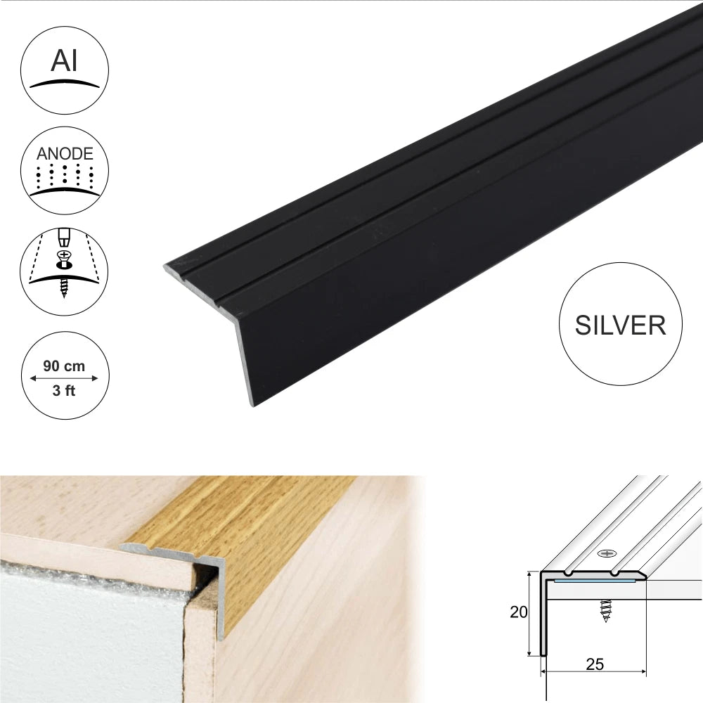 ALUMINIUM STAIR NOSINGS STEP EDGE NOSING FOR LAMINATE, WOOD,CARPET 25x20mm A36