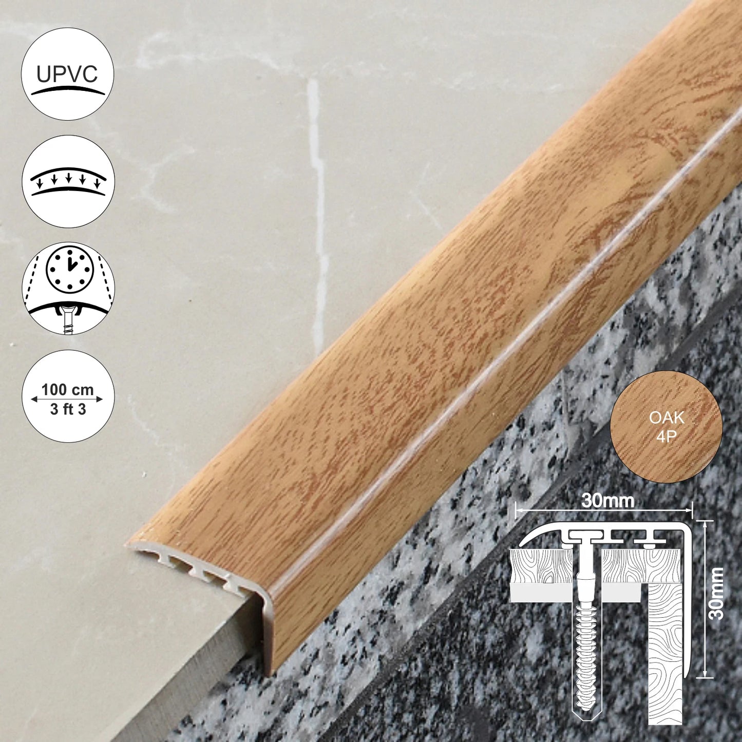 UPVC WOOD EFFECT STAIR EDGE NOSING -TRIM- EDGING NOSING 30 x 30mm