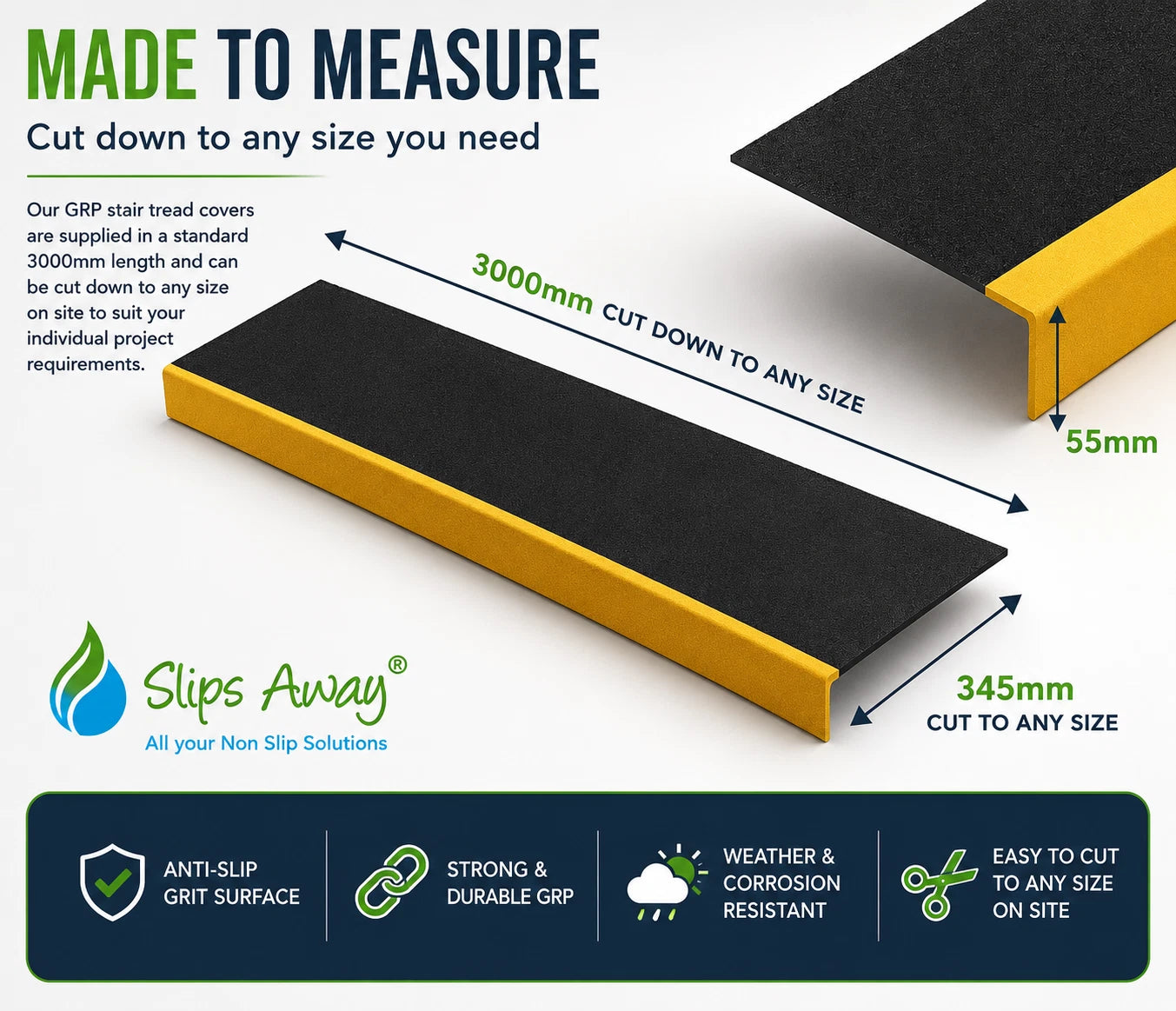 Anti Slip Stair Tread Covers Step Nosing Heavy Duty Non-Slip GRP 500mm - 3600mm