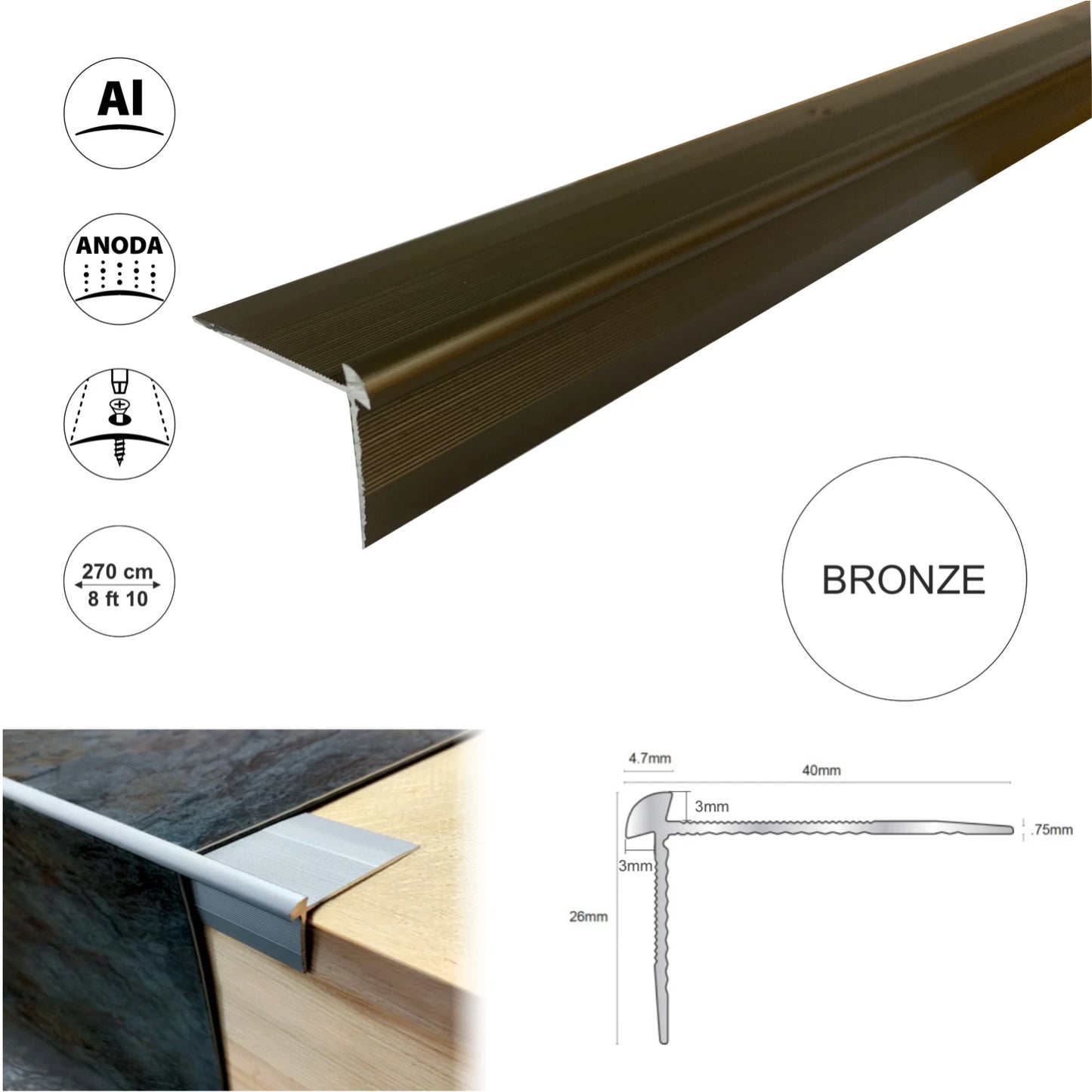 2.7m LUXURY CLICK VINYL FLOORING STAIR NOSING EDGE PROFILE TRIM FOR 3mm LVT