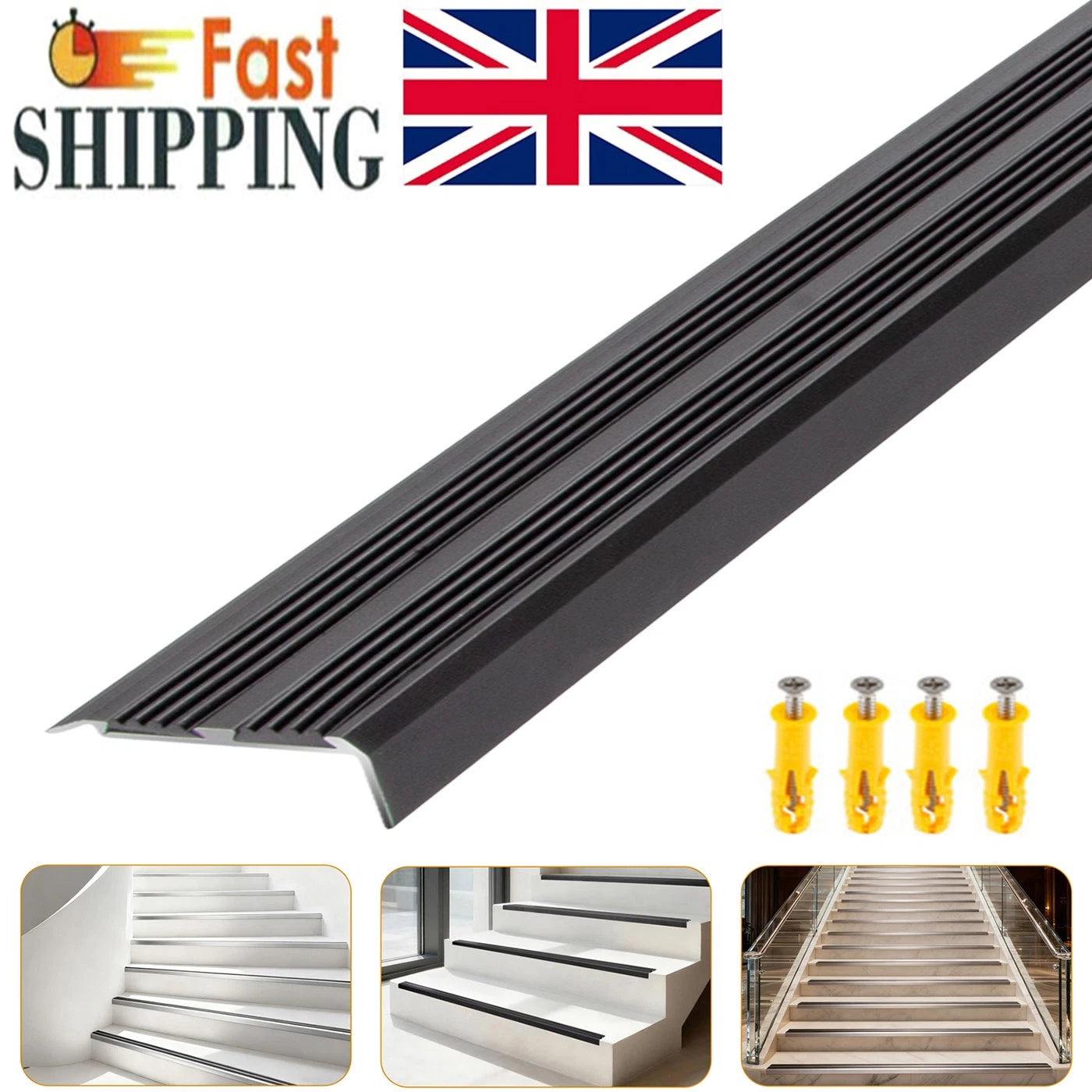 Black - Aluminium Stair Nosing Edge Trim Step Nose Edging Nosings - 90cm Long