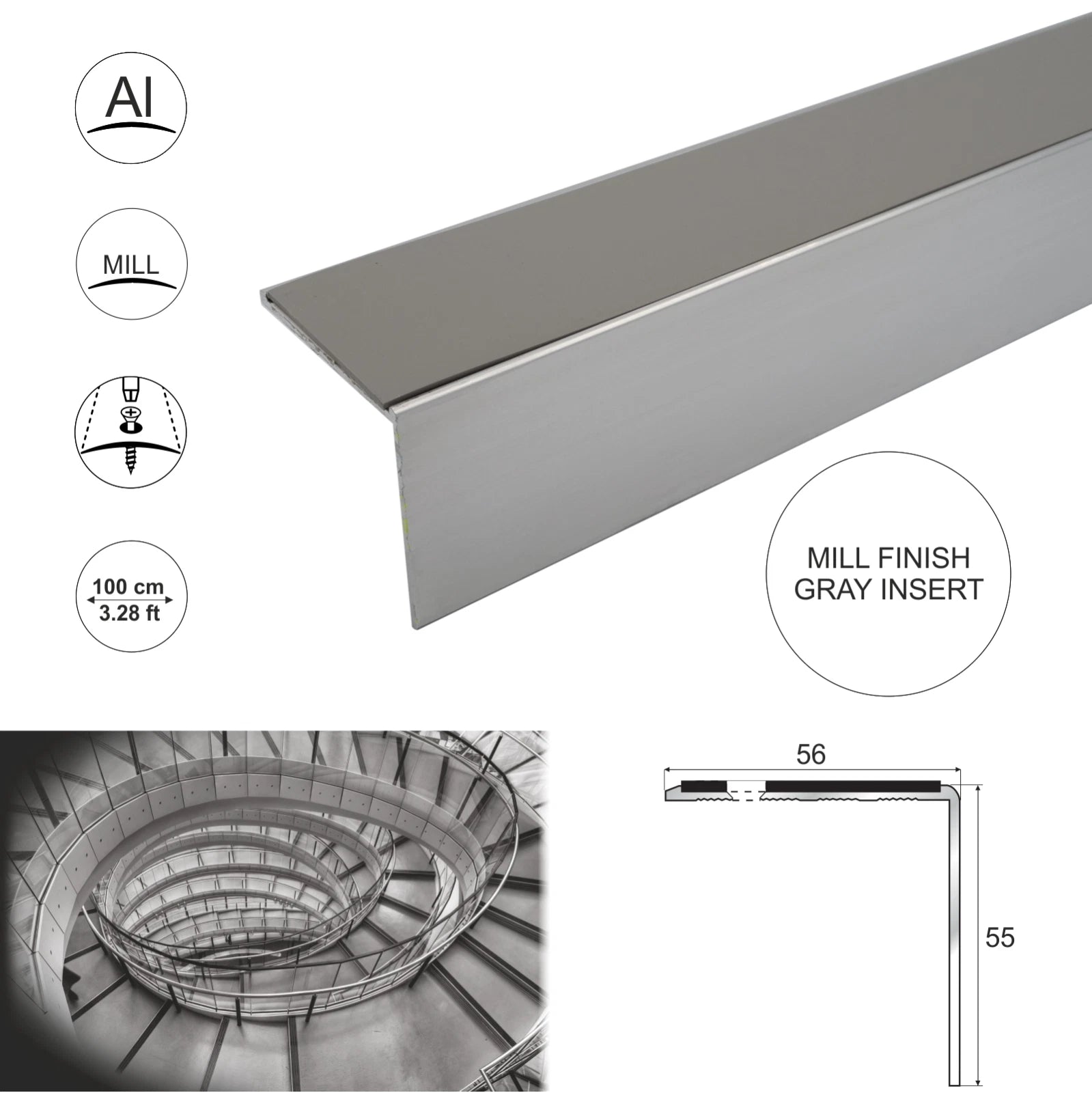 Anti Slip Aluminium Stair Nosing Step Nose Trim 56x55mm Heavy Duty Edge Edging