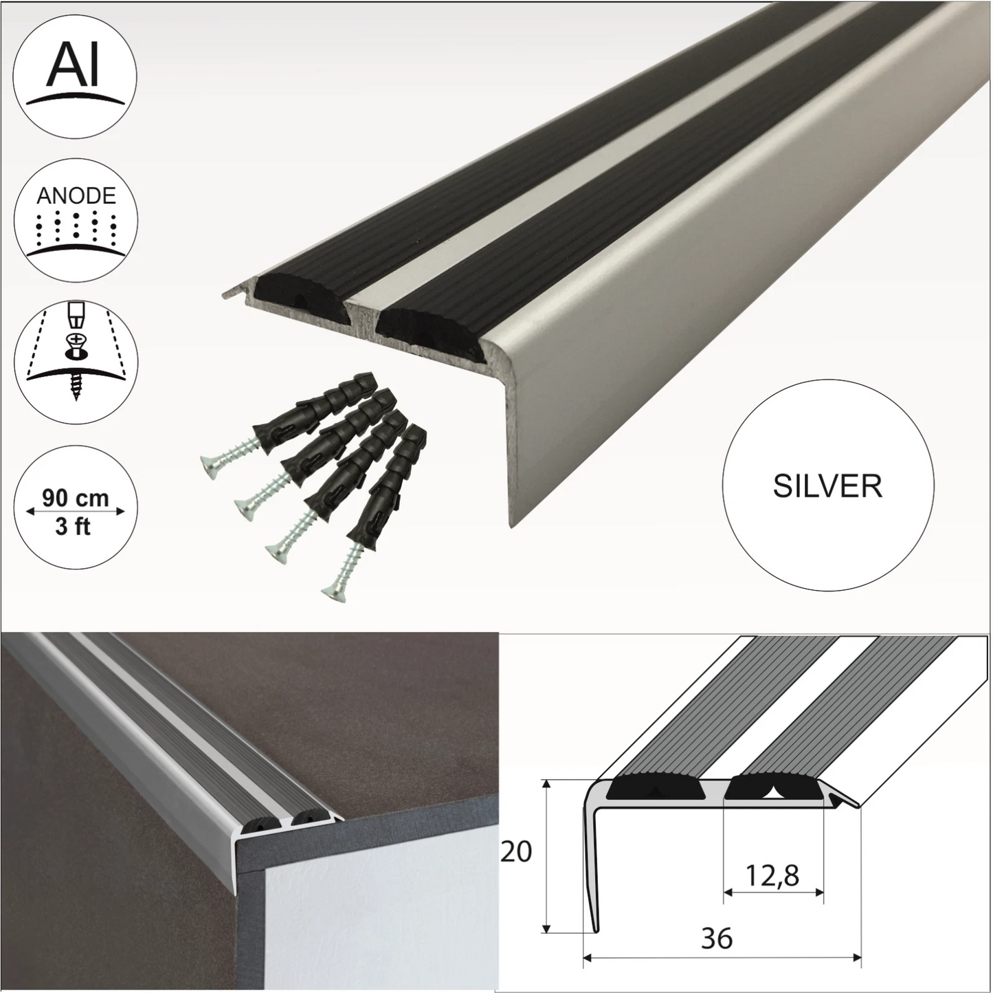 15x ALUMINIUM STAIR NOSING EDGE TRIM STEP NOSE EDGING NOSING FOR CARPET WOOD A37