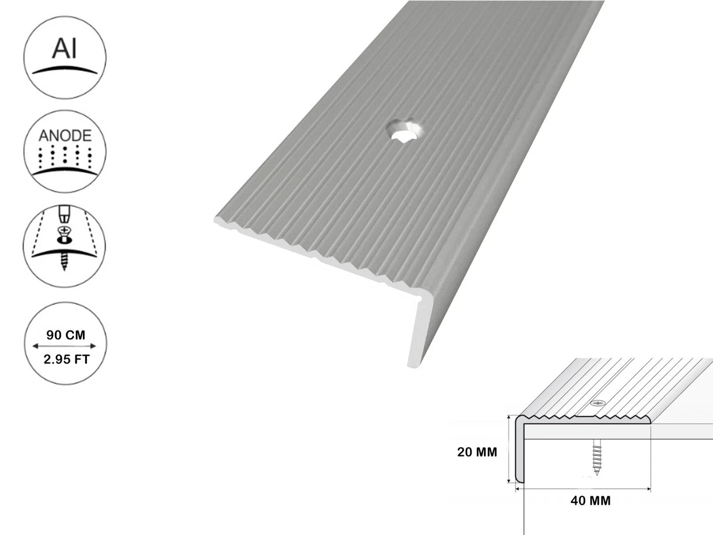Stair Nosing Anodised aluminium anti non slip edge -trim- 40 x 20mm lengt 900 mm