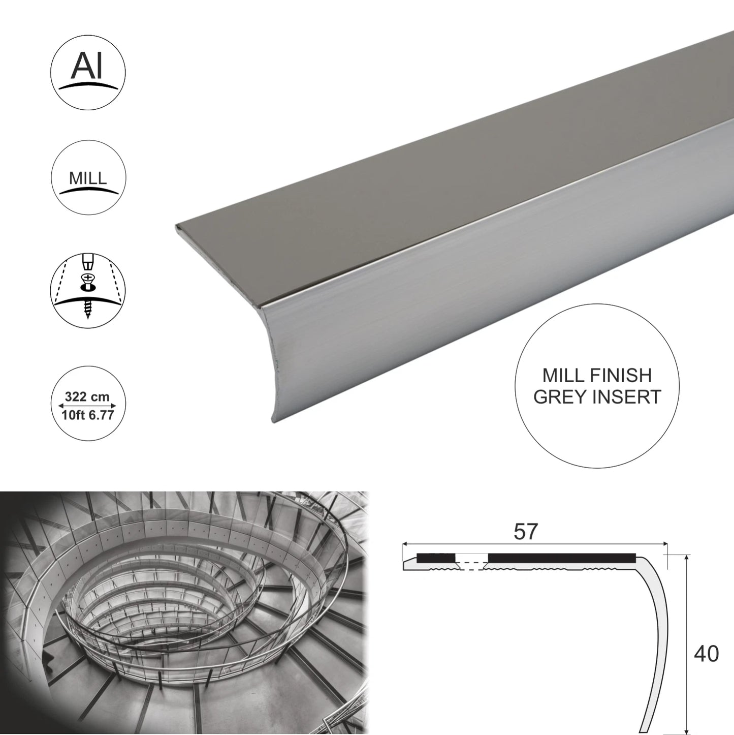 Aluminium Anti Slip Stair Nosing Bullnose Trim Step Edge Profile 57x 40mm x3.22m