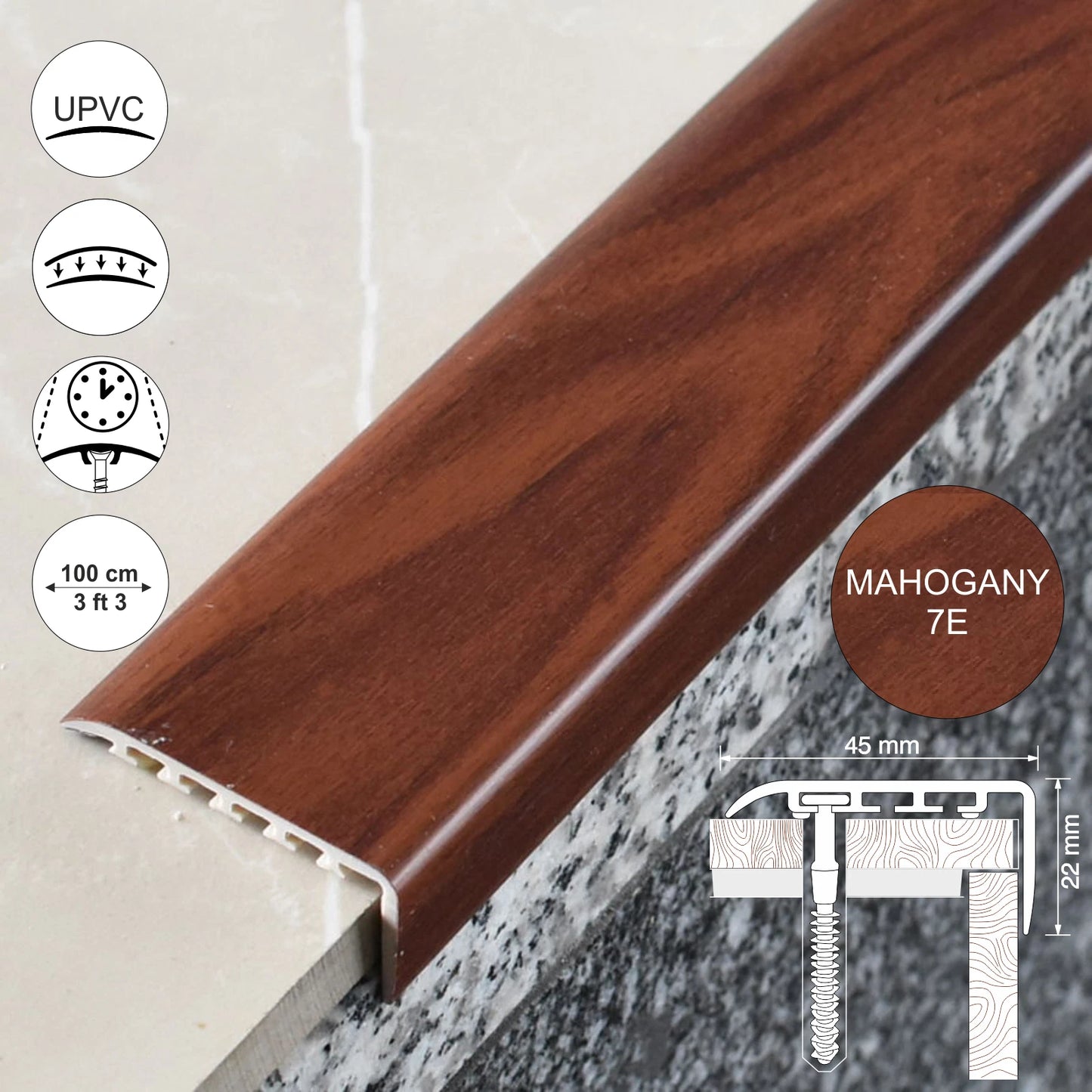 UPVC WOOD EFFECT STAIR EDGE NOSING -TRIM- EDGING NOSING 45 x 22mm