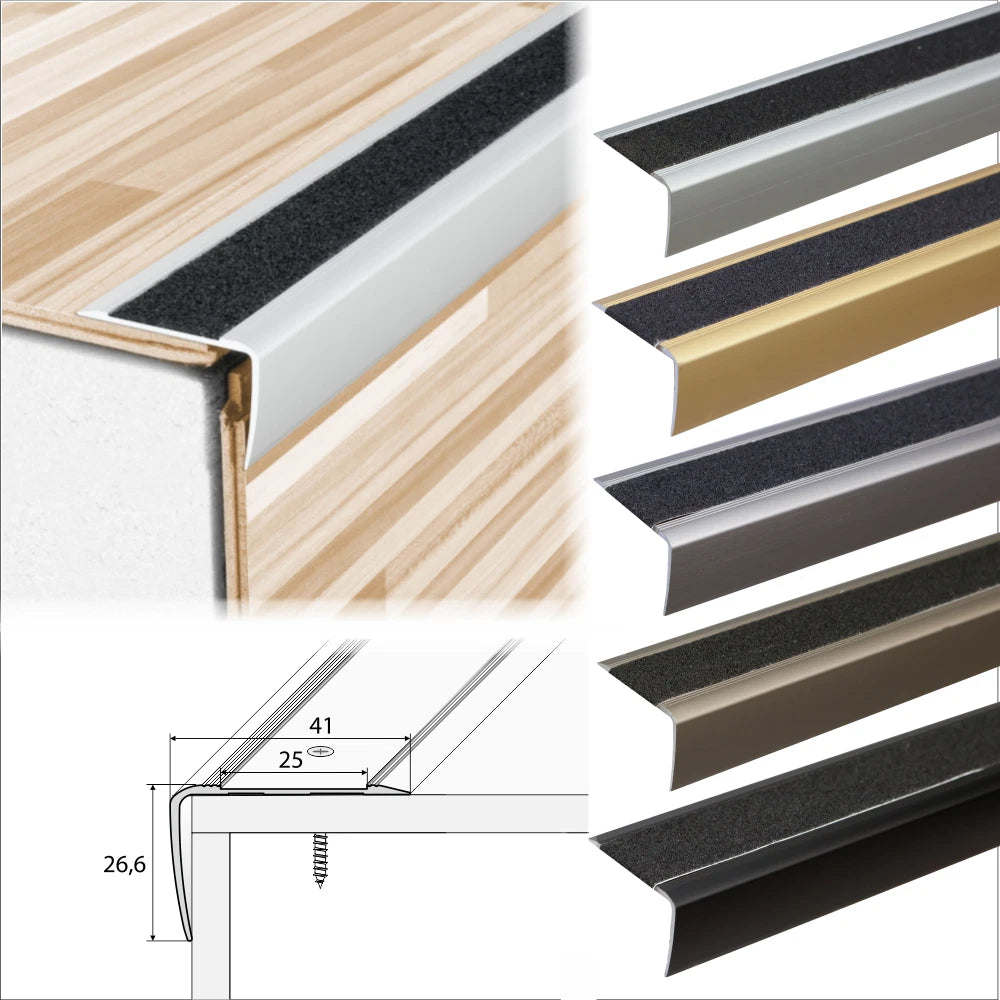 2.7m ALUMINIUM ANTI NON SLIP STAIR EDGE NOSING EDGING STEP TRIM- 41x 26.6mm A44