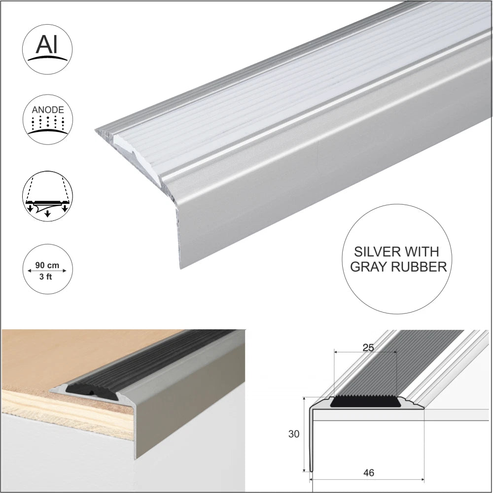 SELF ADHESIVE ANODISED ALUMINIUM RUBBER STAIR EDGE NOSING EDGEING TRIM A38