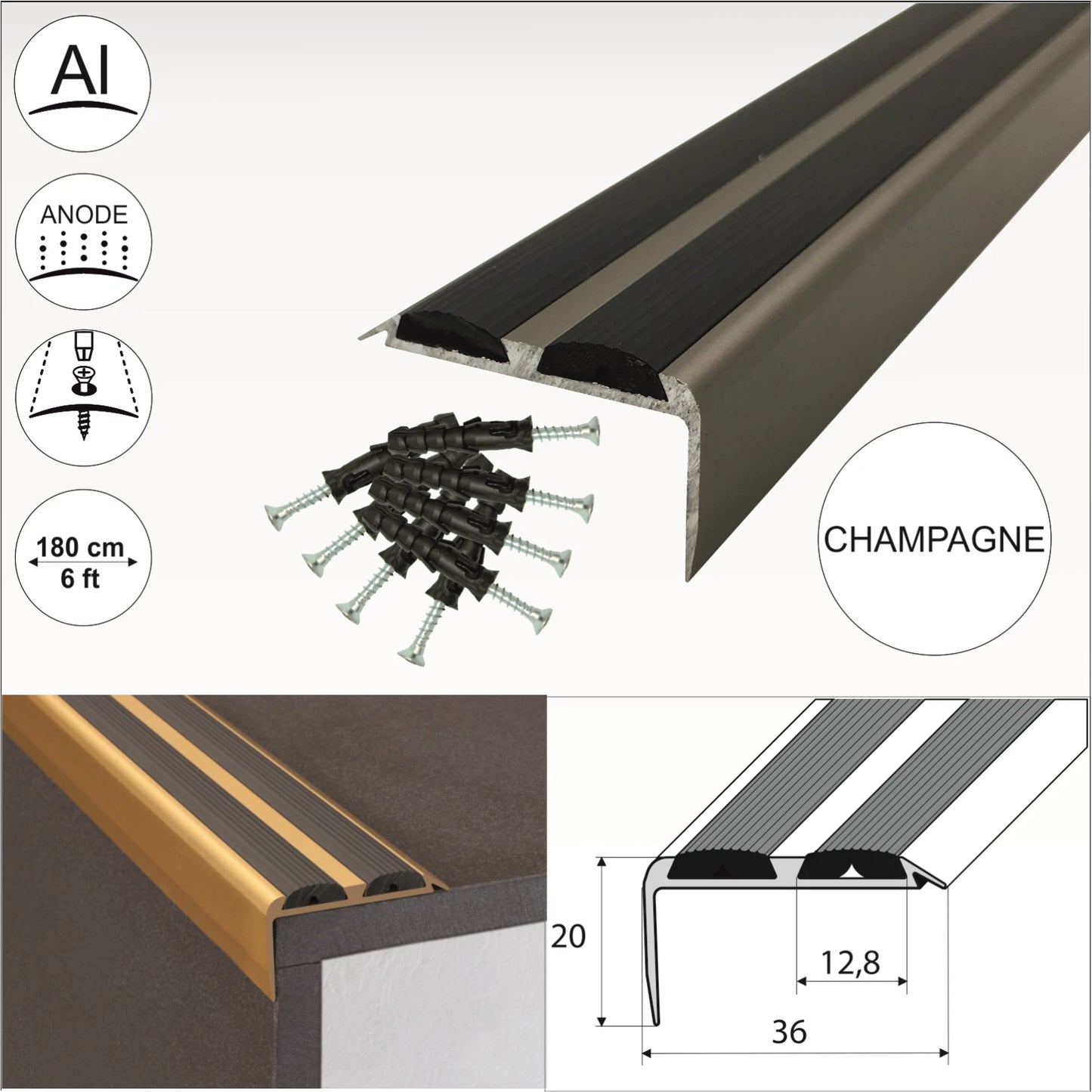 1.8m ALUMINIUM STAIR NOSING EDGE TRIM STEP NOSE EDGING NOSINGS FOR CARPET WOOD
