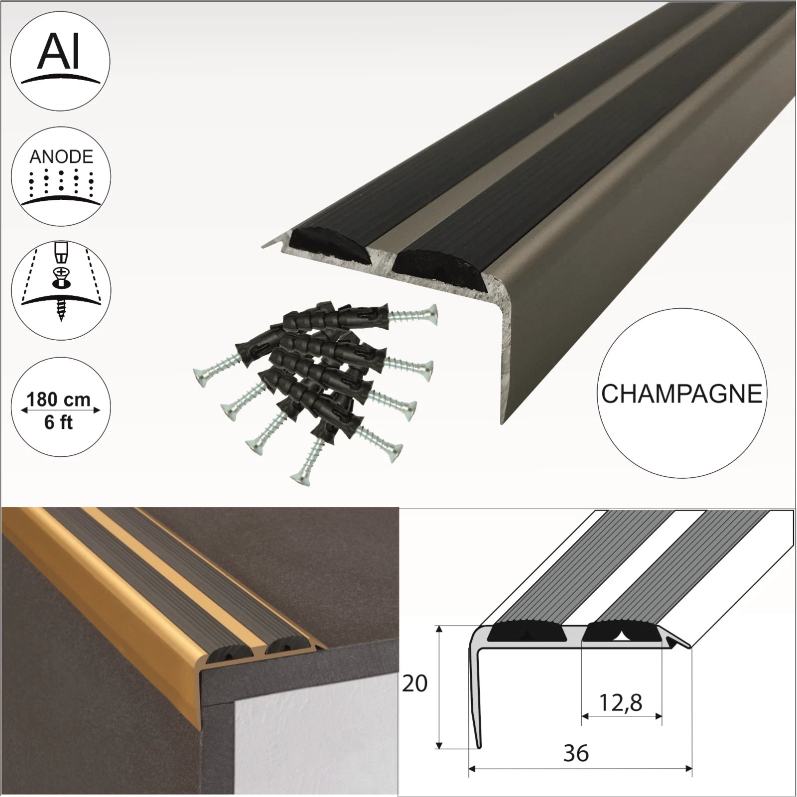 1.8m ALUMINIUM STAIR NOSING EDGE TRIM STEP NOSE EDGING NOSINGS FOR CARPET WOOD