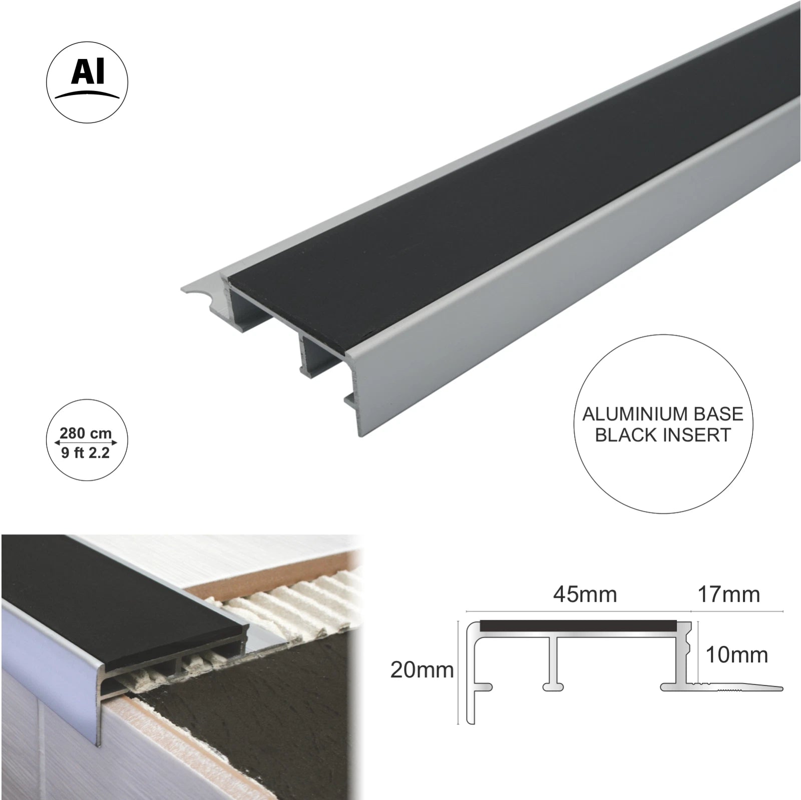 Anti Slip Aluminium Stair Nosing Tile-In Step Edge Trim Edging Profile 2.8m