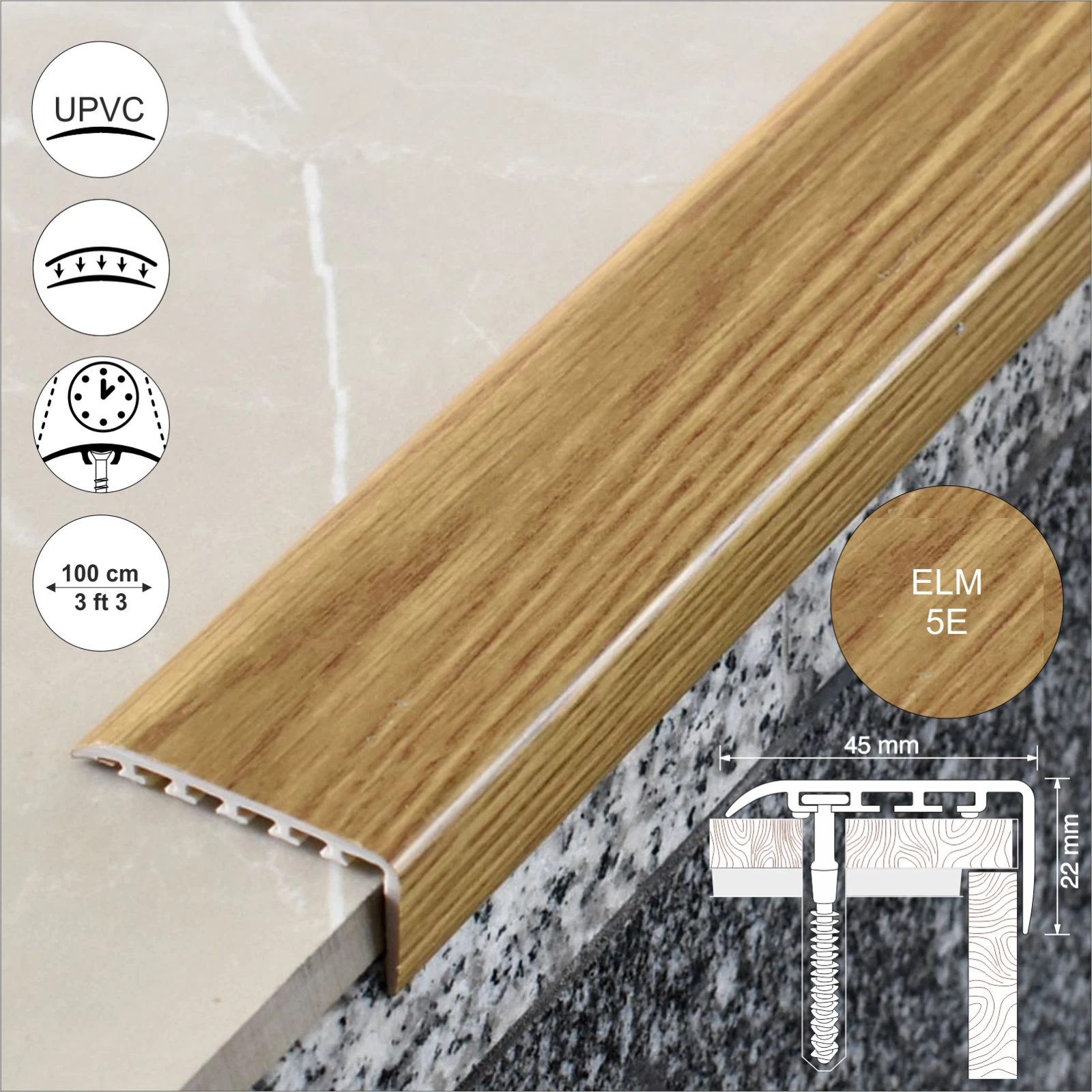 UPVC WOOD EFFECT STAIR EDGE NOSING -TRIM- EDGING NOSING 45 x 22mm