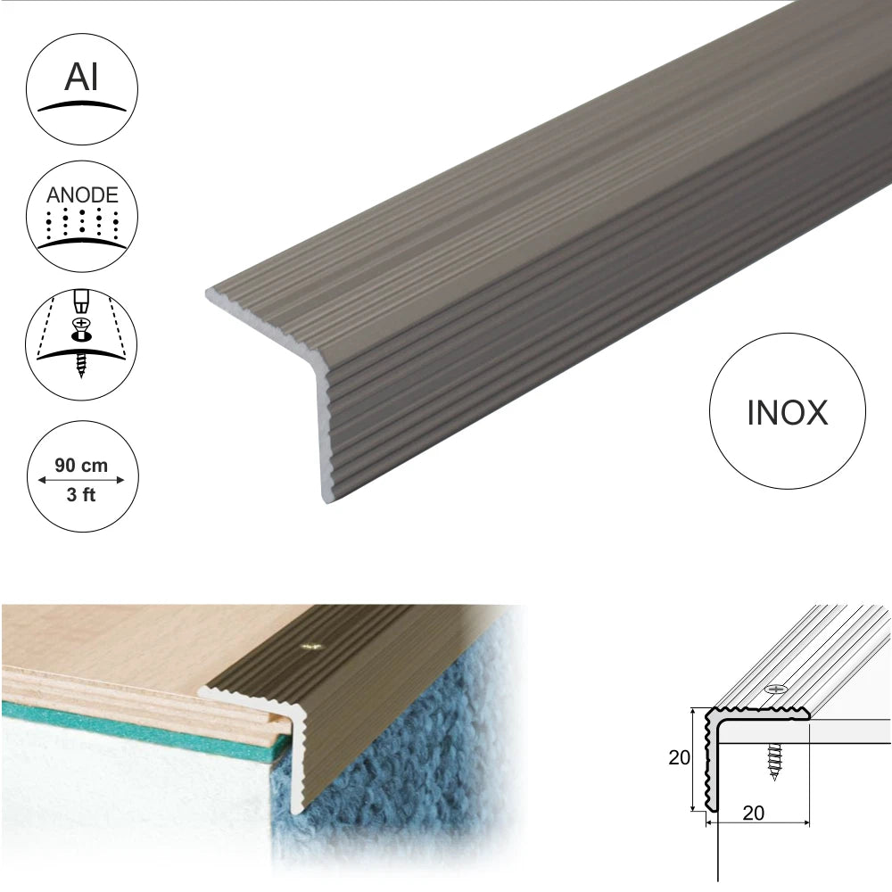 ANODISED ALUMINIUM ANTI NON SLIP STAIR EDGE NOSING -TRIM- 20x 20mm A35
