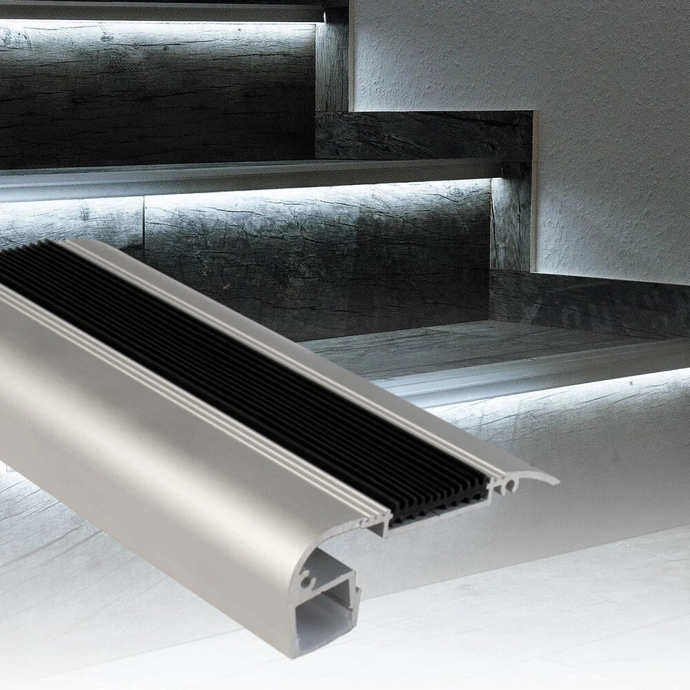 10x 1M Aluminium Silver Round Edge Anti Slip Stair Nosing Ramp LED Strip Profile
