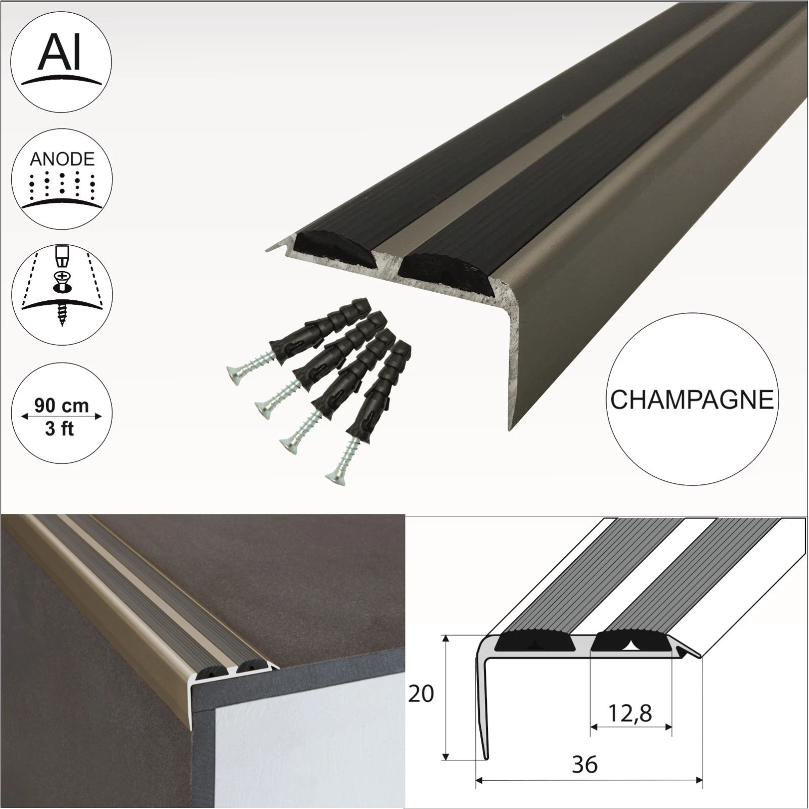 15x ALUMINIUM STAIR NOSING EDGE TRIM STEP NOSE EDGING NOSING FOR CARPET WOOD A37
