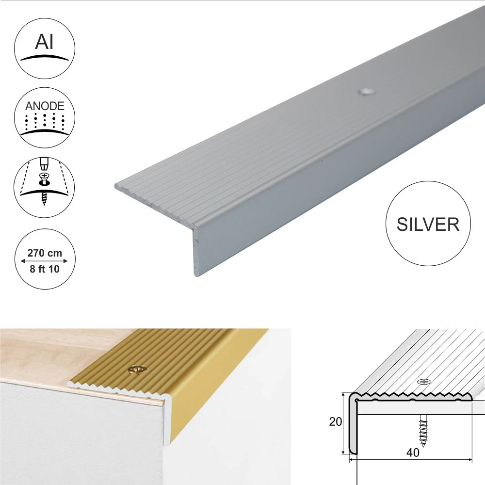2.7m ALUMINIUM ANTI NON SLIP STAIR EDGE NOSING - STEP EDGING TRIM- 40 x 20mm