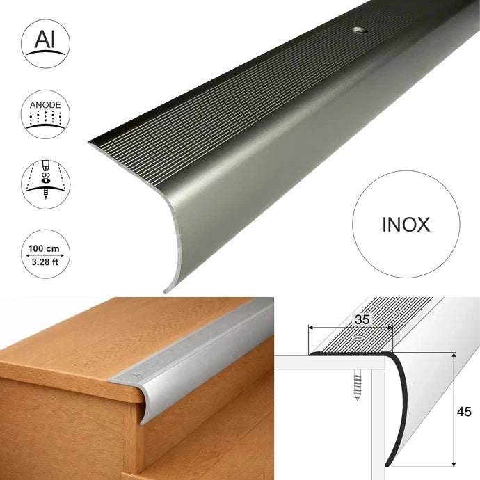 Aluminium Stair Nosing 35 × 45 mm Bullnose Edge Trim Anti Slip Step Edging 2M