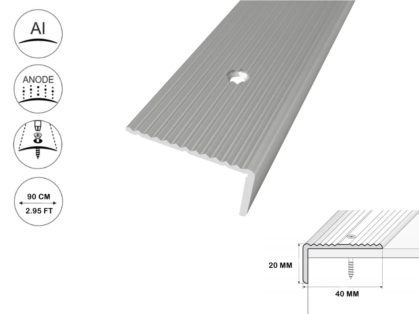 Stair Nosing Anodised aluminium anti non slip edge -trim- 40 x 20mm lengt 900 mm