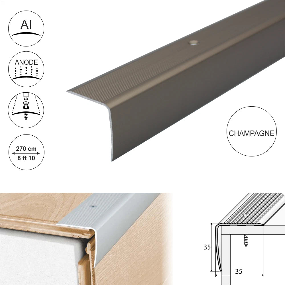 ALUMINIUM ANTI NON SLIP STAIR EDGE NOSING 35x 35mm EDGING STEP TRIM 2.7m -A41