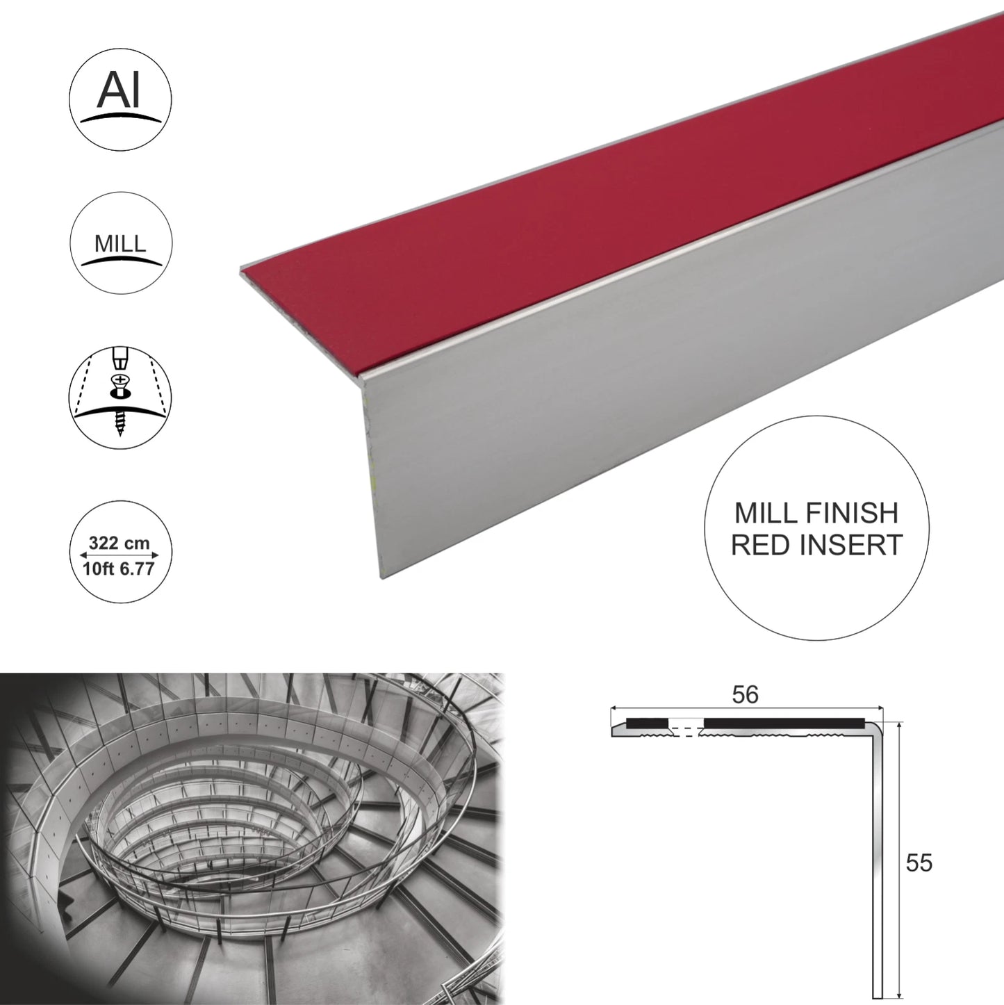 Aluminium Stair Nosing 56x55mm Heavy Duty Step Edge Trim Safety Edging 3.22m