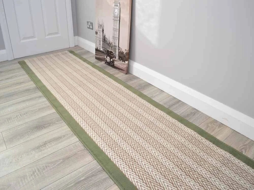 Green Herringbone Stair Rug Very Long Runner For Stairways Halls Plain Border