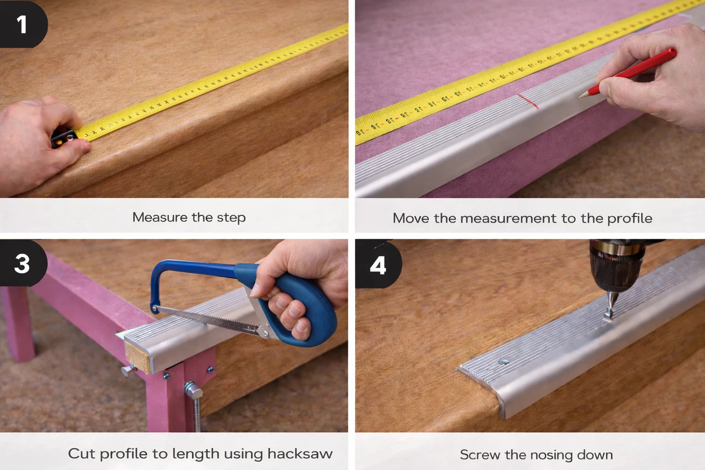 Aluminium Stair Nosing Bullnose Edge Trim Step Edging Anti Slip H28 2m long