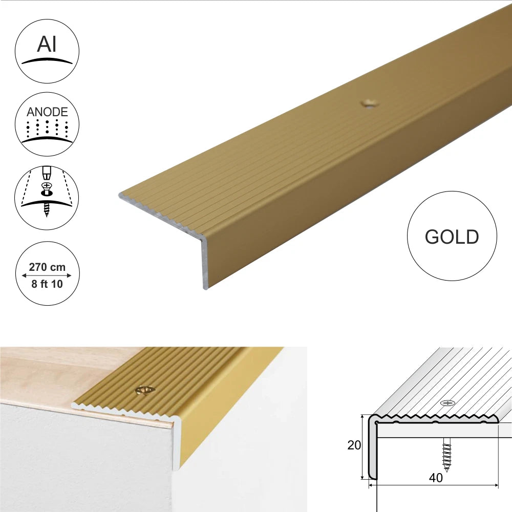 2.7m ALUMINIUM ANTI NON SLIP STAIR EDGE NOSING - STEP EDGING TRIM- 40 x 20mm
