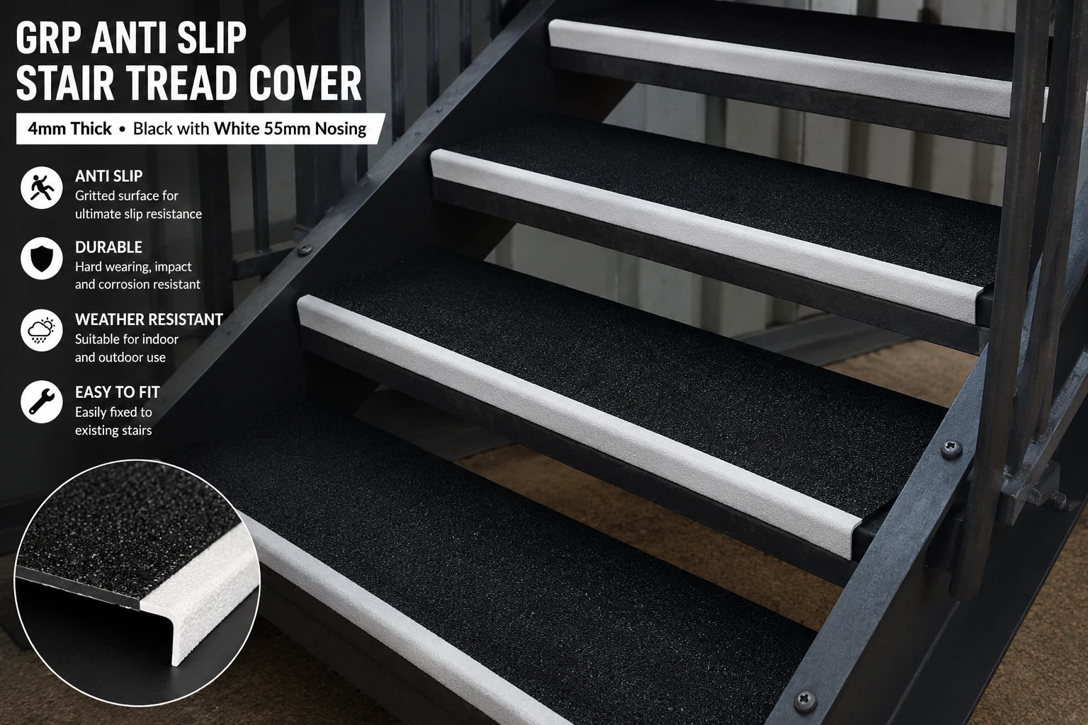 GRP Anti Slip Stair Tread Cover | Heavy Duty Non Slip Stair Edge Plate