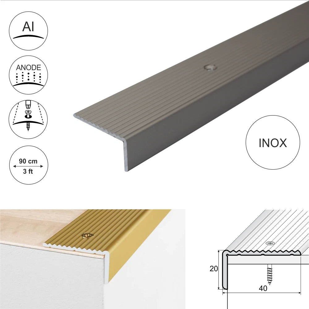 ALUMINIUM ANTI NON SLIP STAIR EDGE NOSING - STEP EDGING TRIM- 40 x 20mm A33