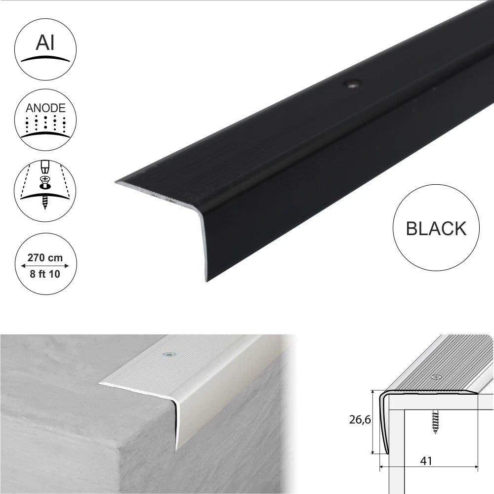 2.7m ALUMINIUM STAIR NODING STEP EDGE NOSING TRIM FOR LAMINATE, WOOD.41x26.6mm