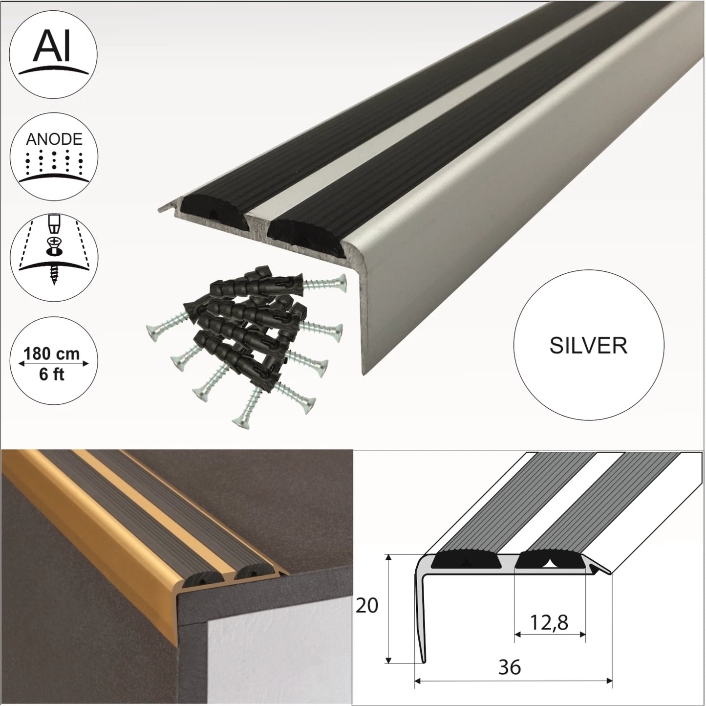 1.8m ALUMINIUM STAIR NOSING EDGE TRIM STEP NOSE EDGING NOSINGS FOR CARPET WOOD