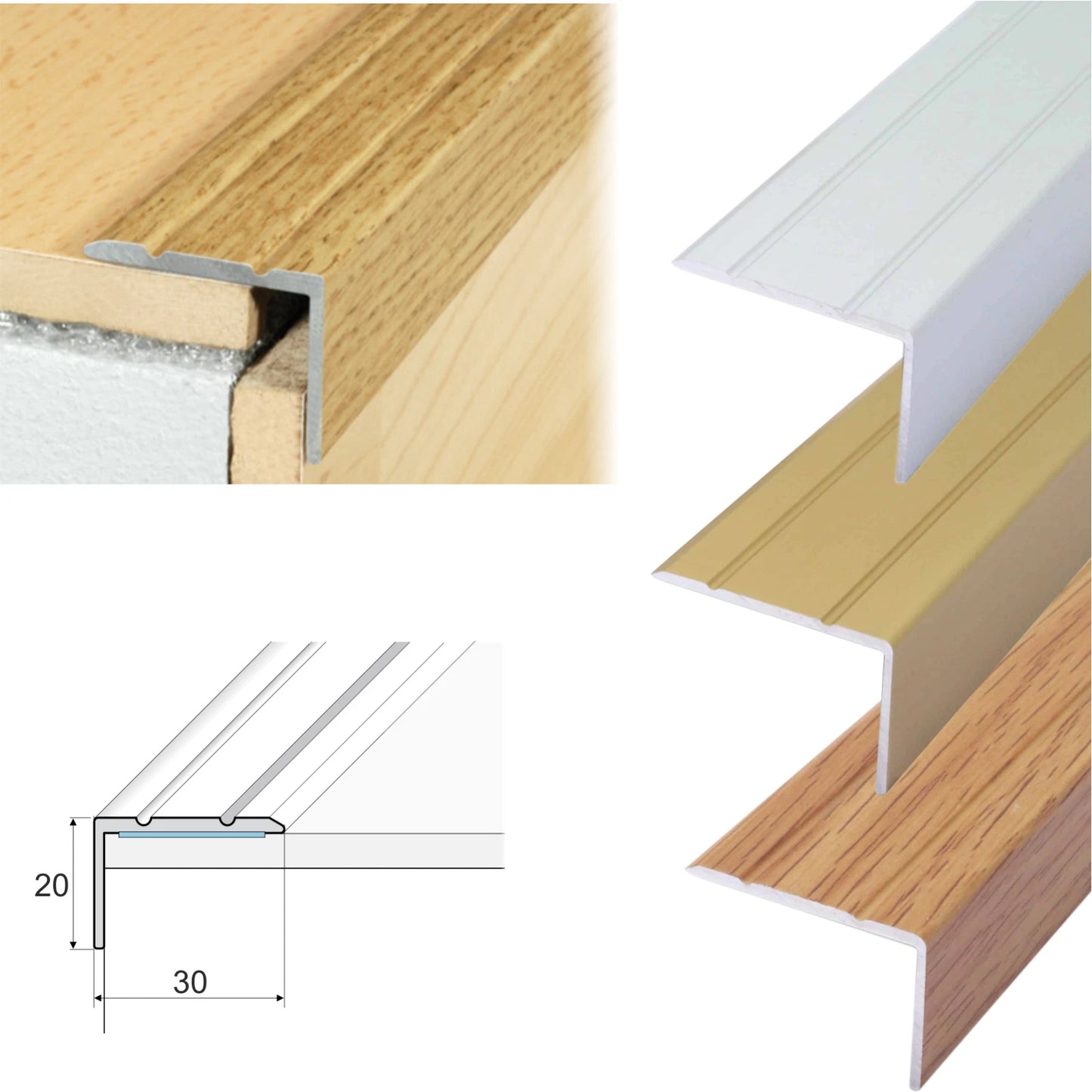2.7m ALUMINIUM STAIR NOSING EDGE TRIM STEP EDGING CARPET, WOOD, Tile 30x20mm