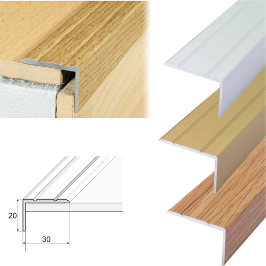 2.7m ALUMINIUM STAIR NOSING EDGE TRIM STEP EDGING CARPET, WOOD, Tile 30x20mm