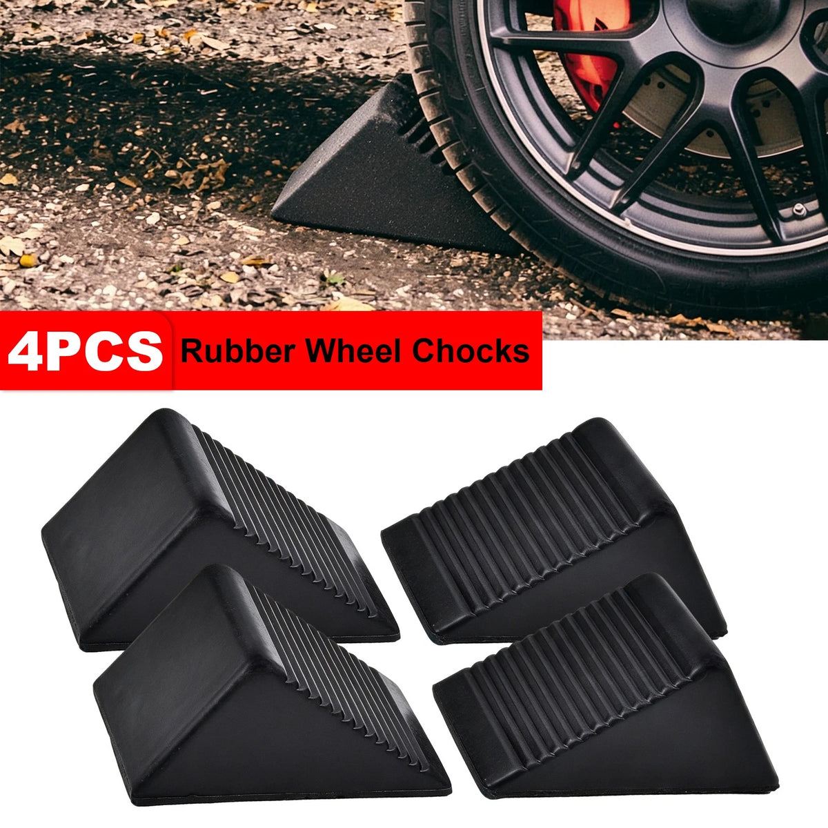 4PCS Heavy Duty Rubber Wheel Chocks Blocks Tire Stopper Fit Truck RV Trailer Car