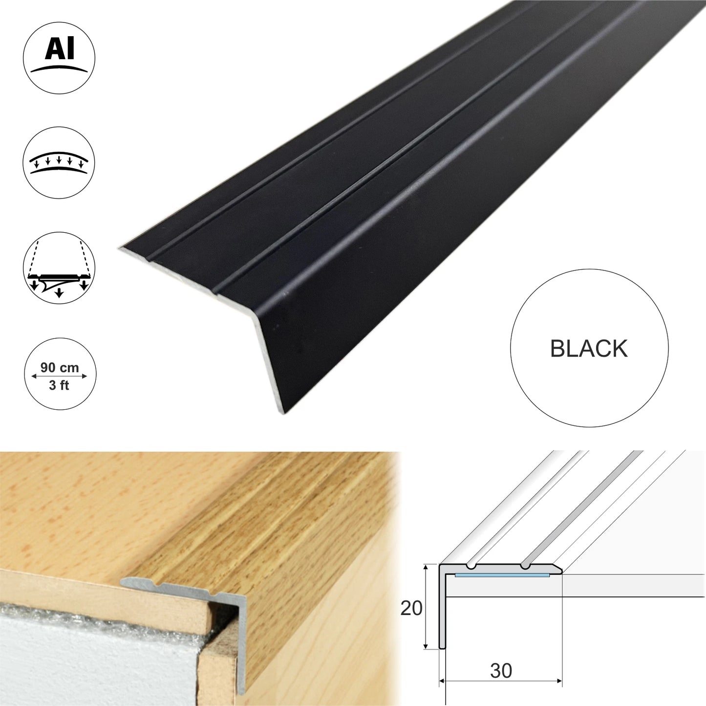 ALUMINIUM STAIR NOSING EDGE TRIM STEP EDGING NOSINGS FOR CARPET WOOD 30x20mm