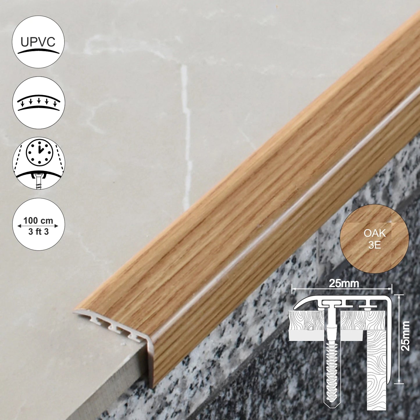 UPVC WOOD EFFECT STAIR EDGE NOSING -TRIM- EDGING NOSING 25 x 25mm